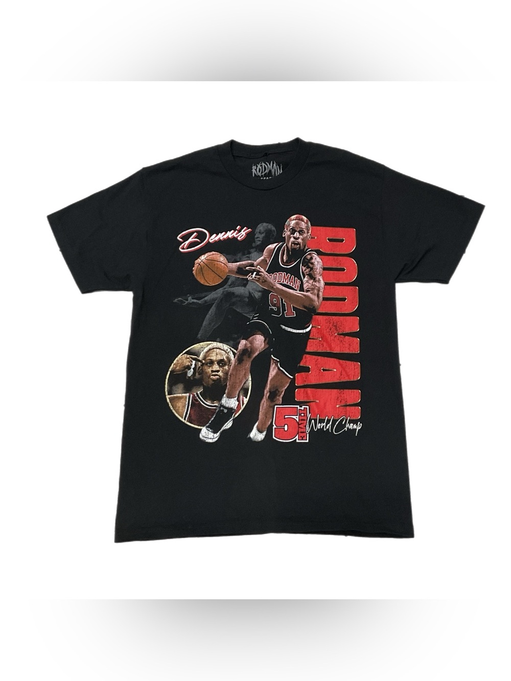 Dennis Rodman 5 Time World Champ Graphic  Chicago Bulls NBA TEE